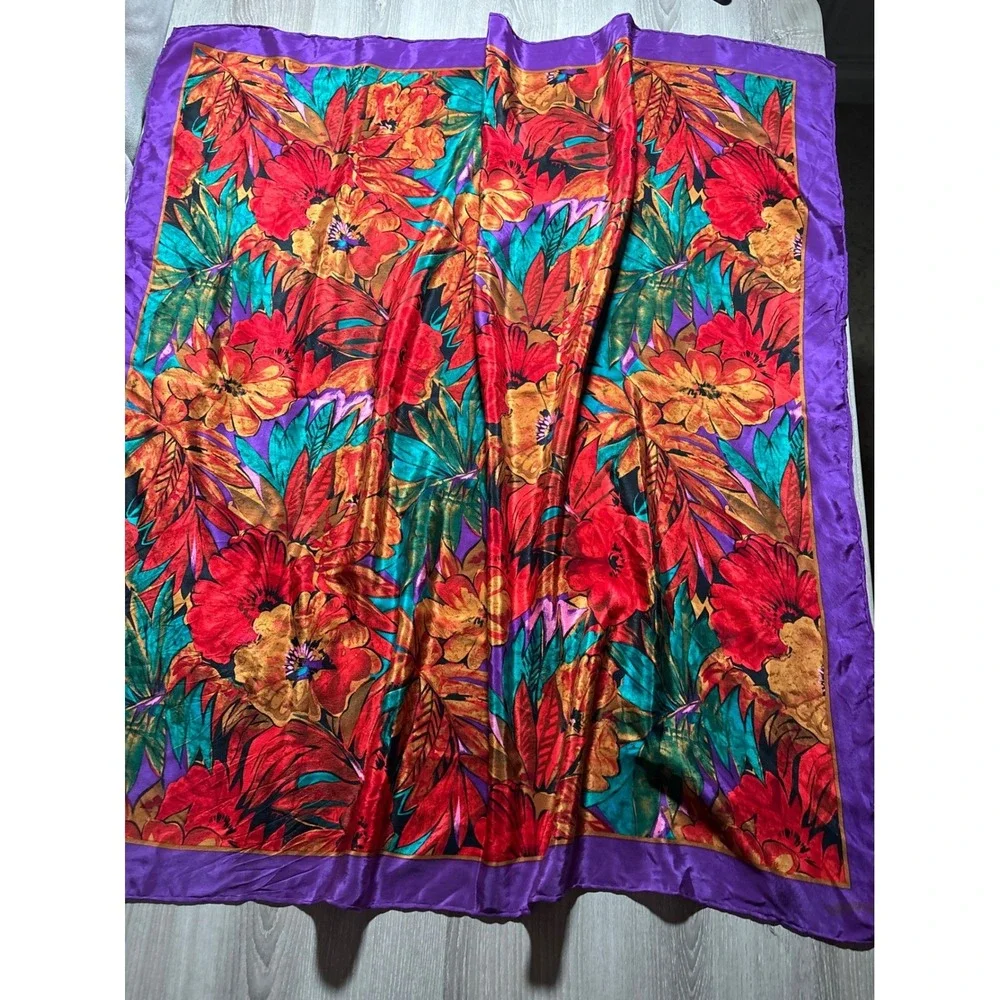 Vintage Floral Scarf Tropical Purple Teal Gold Large Square Head Wrap 34x34.5